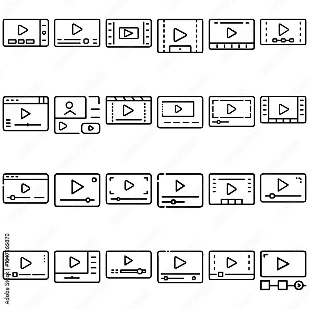 Poster collection of video player interface icons featuring play buttons and various control elements in bl