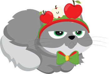 Grumpy Gray Cat Wearing a Festive Apple Headband and Bow Tie