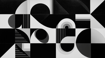Bold interplay of black and white shapes forms striking geometric pattern, creating sense of depth and movement. abstract design features curves, lines, and angles in harmonious composition