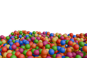 A vast expanse of brightly colored spheres, predominantly red, orange, green, and purple, fills the lower portion of the image against, creating a vibrant, playful, and slightly chaotic scene. 