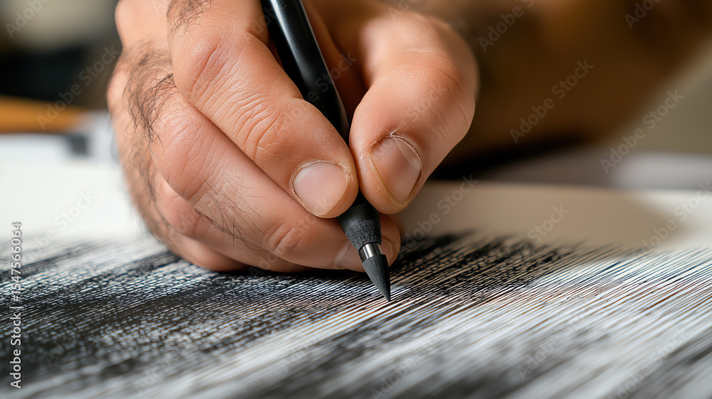 Poster close up captures artist hand carefully inking detailed drawing with precision and focus. image high