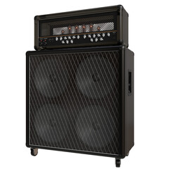 A dark-brown guitar amplifier stack, featuring a separate head unit atop a larger, four-speaker cabinet.  The head boasts a row of glowing tubes and various knobs/controls.