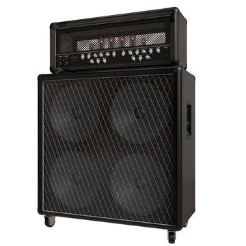 A dark-brown guitar amplifier stack, featuring a separate head unit atop a larger, four-speaker cabinet.  The head boasts a row of glowing tubes and various knobs/controls.