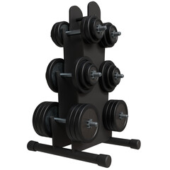 dumbbell rack holds multiple pairs of dumbbells of varying weights, neatly organized on three...