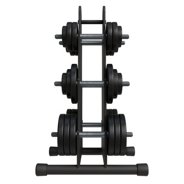 A freestanding, three-tiered rack holds multiple sets of dark gray weight plates, organized neatly for efficient storage and dumbbell assembly.
