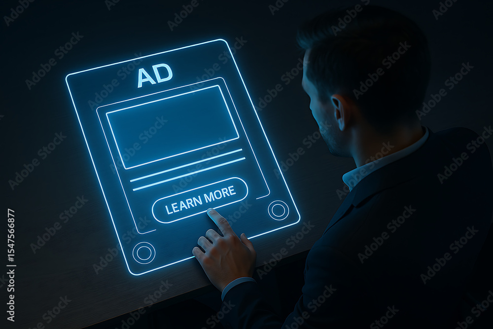 Aufkleber man interacting with a glowing interactive ad display with a learn more button in a dark setting