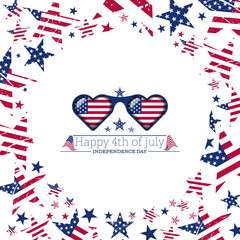 Abstract 3d usa flag frame, heart shape glasses with american flag, independence day text vector illustration. Usa freedom flag glasses to use for 4th july independence day, memorial day projects. 