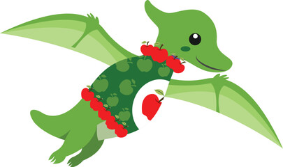 Adorable Green Pterodactyl Cartoon Illustration Flying Dinosaur with Apples © Linocut