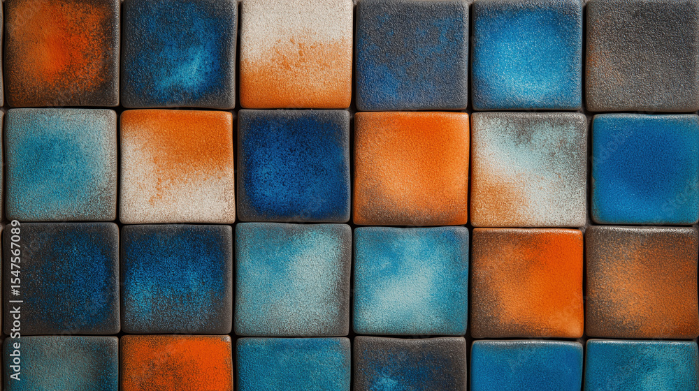 Poster Blue and orange ceramic tile wall with textured surface, creating vibrant and artistic pattern. tiles display mix of colors, adding depth and visual interest to design