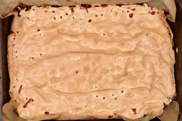 Freshly baked cake with meringue topping over a red currant cake in a parchment-lined baking tray,...