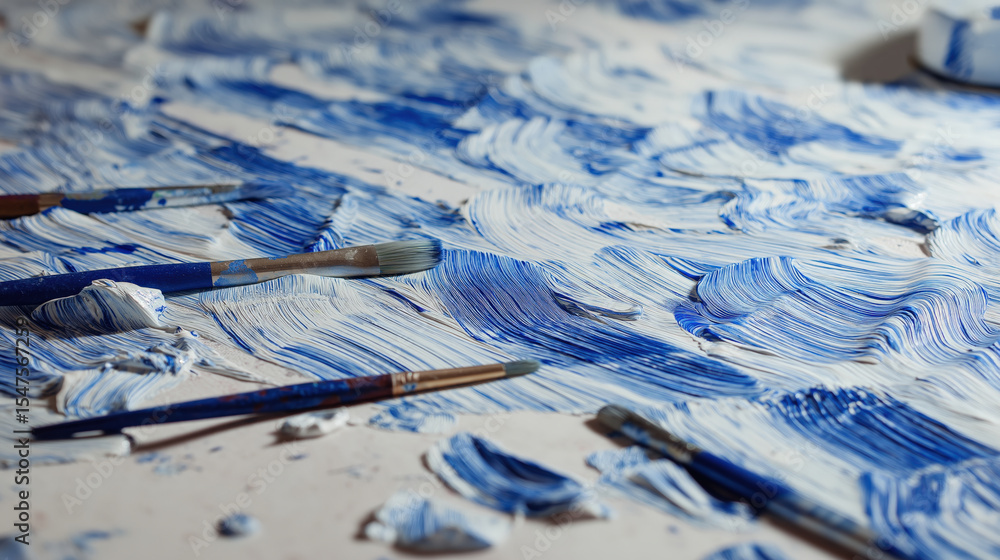 Aufkleber Dynamic blue and white paint strokes sweep across canvas, creating textured abstract art piece. Brushes are scattered, adding to creative and artistic atmosphere