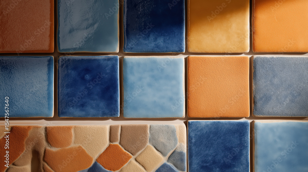 Poster colorful ceramic tiles in grid pattern showcase vibrant interplay of warm orange and cool blue tones
