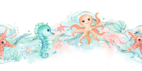 Obraz premium Seahorse, starfish, octopus children's illustration seamless horizontal border on mint pink Watercolor spot, algae, waves. Isolated characters, seaweed of underwater world. Kids interior design