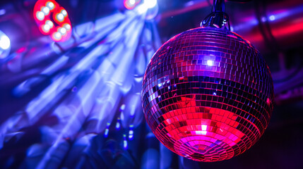 Fototapeta premium Disco ball casting dynamic light patterns, metallic reflections in a vibrant dance atmosphere 