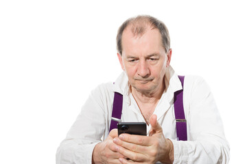 Portrait of a sixty-year-old man in a white shirt.