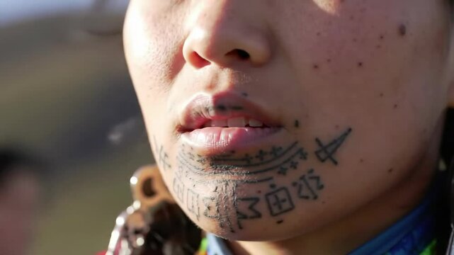 Closeup of woman with traditional face tattoos in natural light
