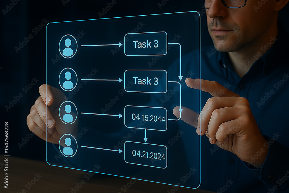 Poster man interacting with a transparent screen displaying a flowchart of tasks and dates in a futuristic 