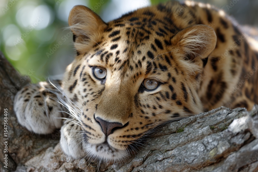 Poster leopard resting on a tree branch in a lush environment during daytime