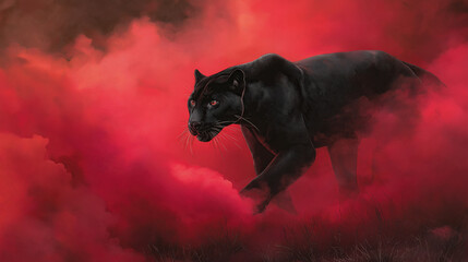 Black panther strides through vibrant red smoke, exuding fierce elegance and mystery. contrast between dark fur and vivid background creates dramatic and captivating scene