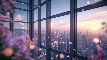 City view from a high rise window with flowers and a gorgeous sunset over skyscrapers and mountains.