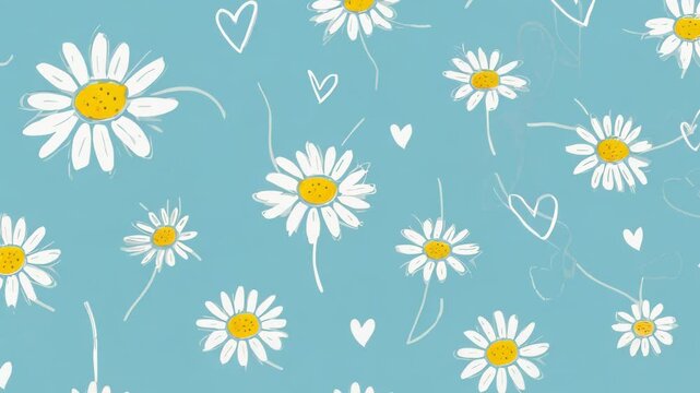 Pastel blue background with scattered white daisies and small hearts.