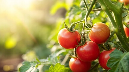Ripe red tomatoes hanging on green vines in a sunlit garden, showcasing vibrant colors and healthy growth, representing fresh produce and agricultural beauty