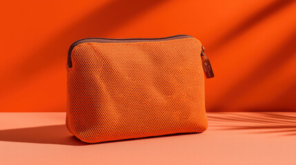 Vibrant orange mesh pouch sits on orange surface, casting soft shadow. lightweight texture and vivid color create striking contrast against background, evoking sense of modern style