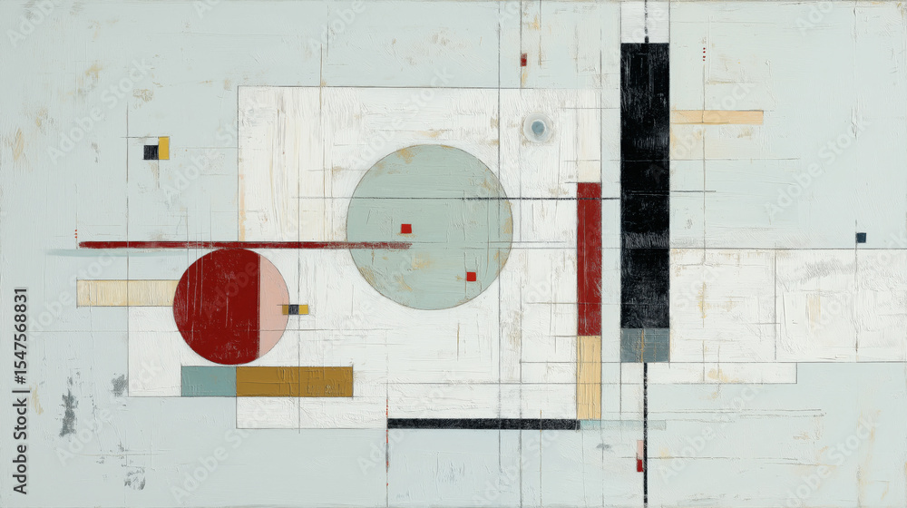 Aufkleber Abstract geometric painting with circles, rectangles, and lines muted color palette of red, black, beige, and blue. composition features intersecting shapes and lines, creating structured