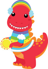 Obraz premium Adorable Rainbow Dinosaur Illustration Cute Cartoon Dino Holding Sun