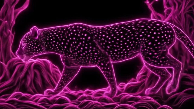 neon leopard on black background. Bright pink color, artistic digital art, fantasy animal, leopard print. 4k video