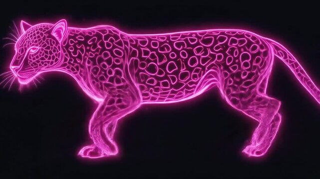 neon leopard on black background. Bright pink color, artistic digital art, fantasy animal, leopard print. 4k video