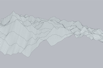 Turbulent landscape made of fine linear contours forming irregular patterns on a neutral background