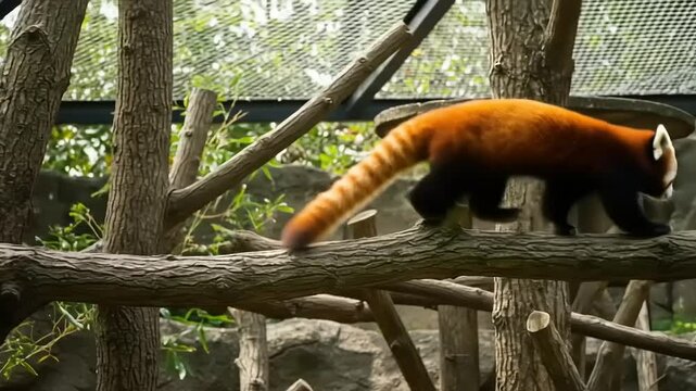 Red panda climbing on a tree branch in a zoo habitat, surrounded by greenery and natural elements