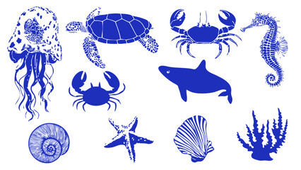 ocean animals silhouette vector set marine life sea creatures jellyfish turtle crab seahorse shark editable graphic pack