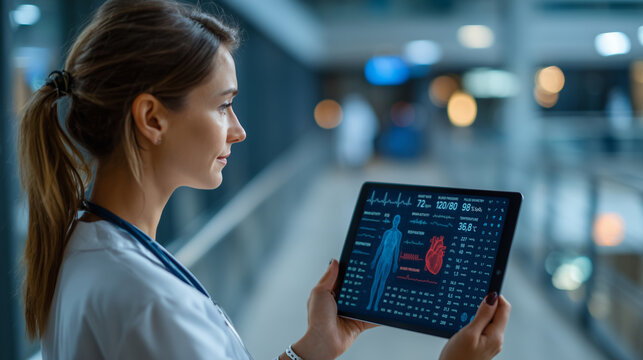 Young female doctor reviewing detailed patient health statistics on a futuristic digital tablet in a modern medical facility.