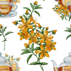 Seamless pattern with teapot, cups, and St. Johns wort flowers. Hand-drawn floral illustration. Watercolor painting on white background. Great for textile, packaging, and wellness product design.