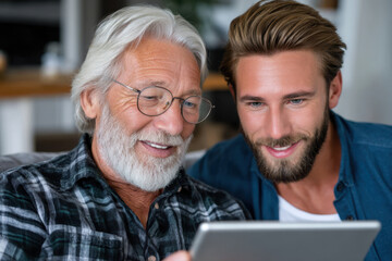 Two men sharing a joyful moment while viewing a tablet in a cozy living room setting
