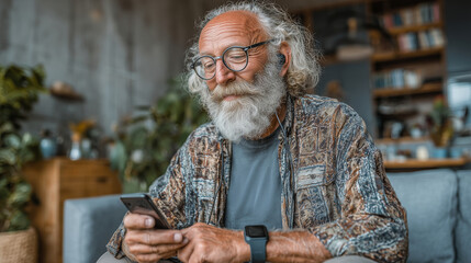 Modern elderly patient wearing a smartwatch and fitness tracker, sitting in a cozy home environment, checking pulse data on a smartphone.