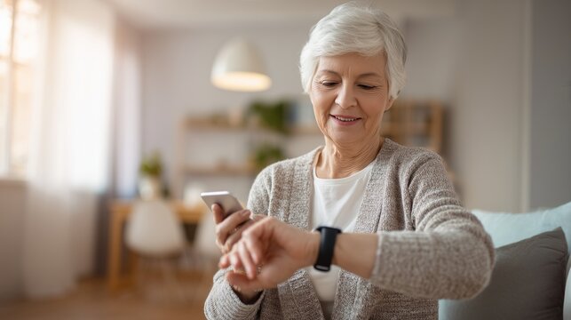 Modern elderly patient wearing a smartwatch and fitness tracker, sitting in a cozy home environment, checking pulse data on a smartphone. Concept of modern health monitoring.