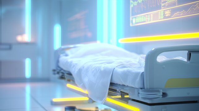 Smart hospital bed in futuristic clinic interior, sensors active under patient silhouette (blurred), holographic interface above bed.