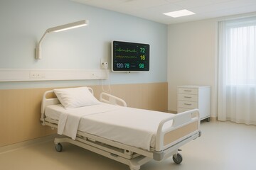 Modern hospital room with an empty adjustable bed, light wooden and white interior, wall-mounted vital signs monitor showing stable patient parameters