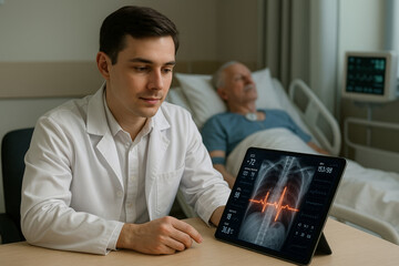 Male doctor in white coat monitoring patient vitals on a digital tablet displaying chest X-ray and heart ECG in a hospital room. Elderly male patient resting in the background with medical equipment.