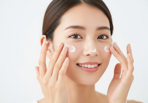 丁寧に日焼け止めを塗る、健康的な肌のまとめ髪の女性