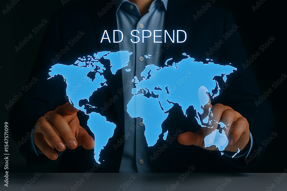 Poster a businessman interacting with a digital world map displaying the words ad spend across the globe