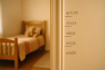 Growing Up: A poignant visual tale of childhood development marked by dates along a doorway, with a bed in the background, this image captures the passage of time and the fleeting nature of youth. 