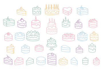 Hand drawn cakes, cupcakes. Doodle style. Bright colorful trendy designs for International Cake Day and Birthday. Vector illustration on white background. Vector 