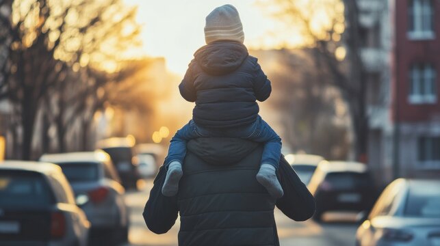 Father carrying child outdoors