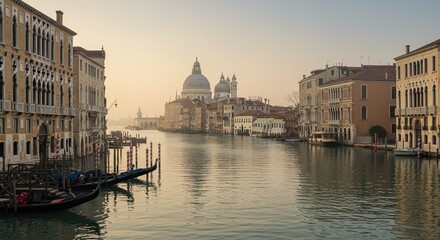 Naklejka premium Serene Sunrise over Venice's Grand Canal Gondolas, Palaces, and the Basilica di Santa Maria della Salute