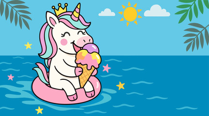 Summer vibes banner with unicorn character. Sea waves, sunny day background. Magical cartoon pony in pink float, holding ice-cream