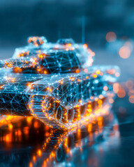 Futuristic digital hologram of a military tank with glowing network connections and vibrant reflections